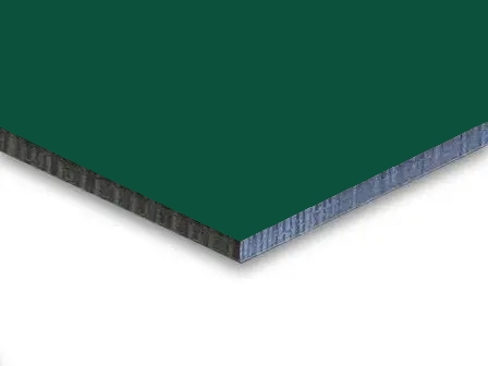 Hpl plaat 6mm Mosgroen Ral 6005 bij benadering. Aan beide zijdes groen gekleurd.